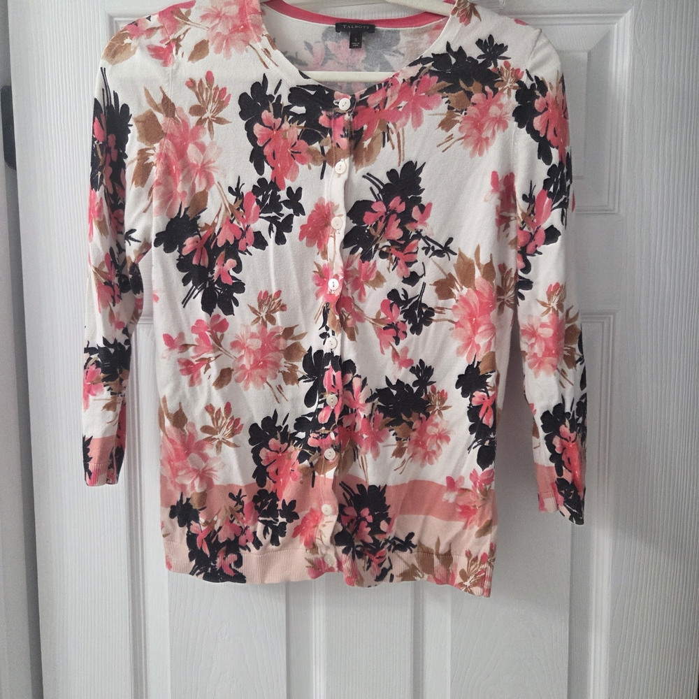 Talbots Pink and Black Floral Cardigan